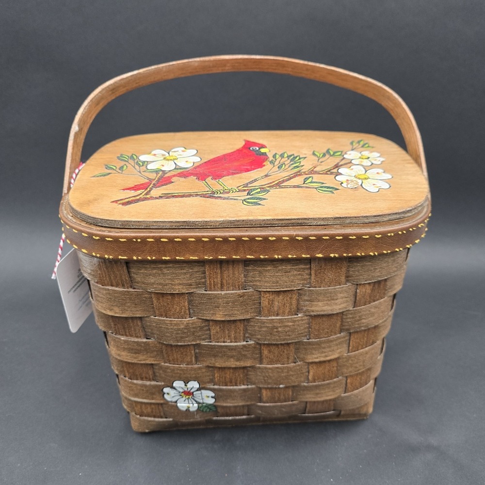 Caro Nan Vintage Basket Purse Signed Hand Painted Cardinal Handmade lined